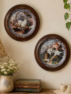 Cottagecore Wall Decor Set of 2 Bradford Floral Plates Shabby Chic Cat Art